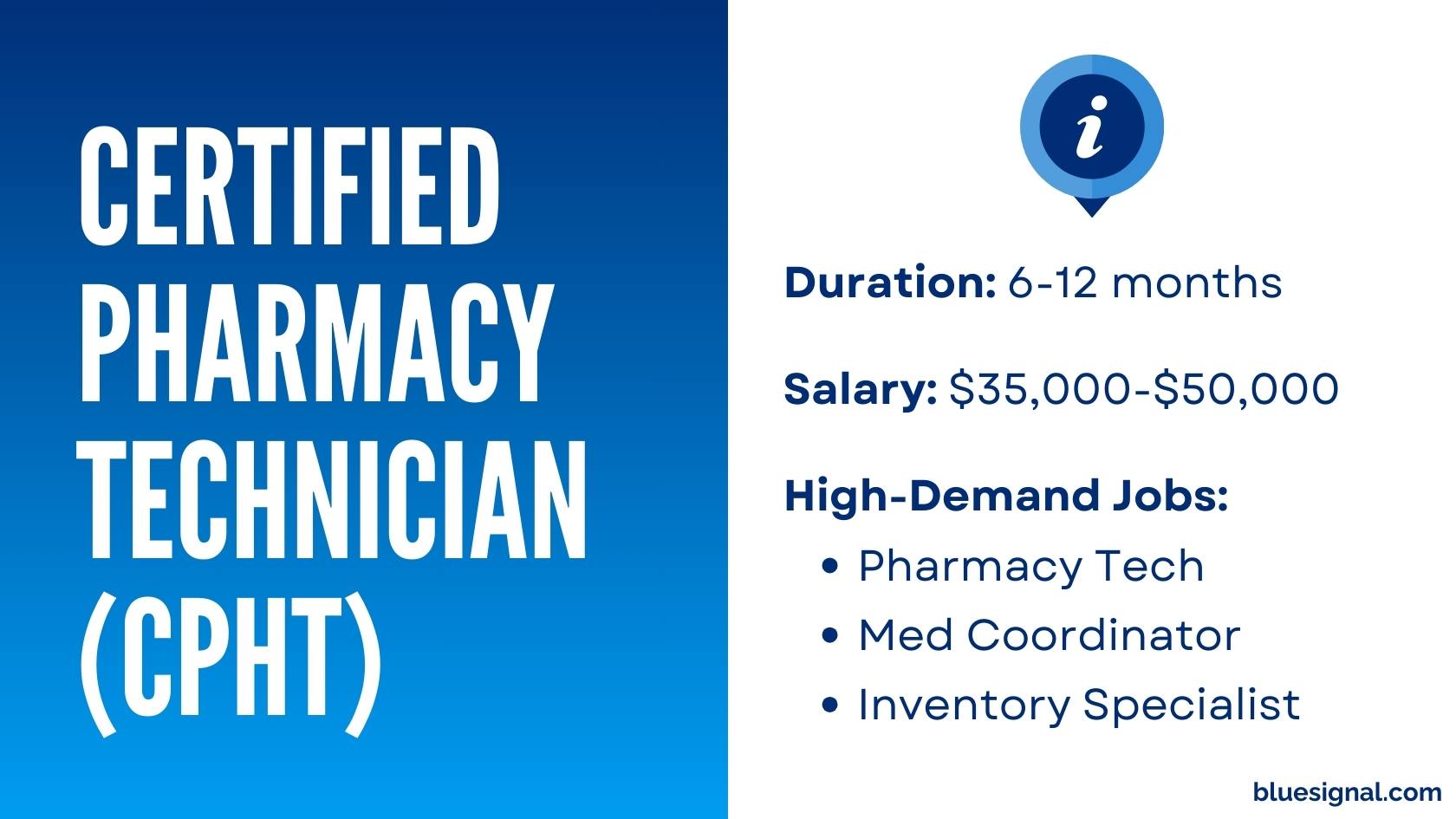 Certified Pharmacy Technician (CPhT) certification overview, including duration, salary range, and high-demand roles like Pharmacy Tech and Med Coordinator.