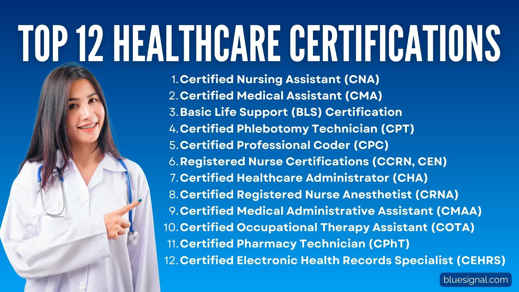 Female healthcare professional pointing to a list of the top 12 healthcare certifications for career advancement.