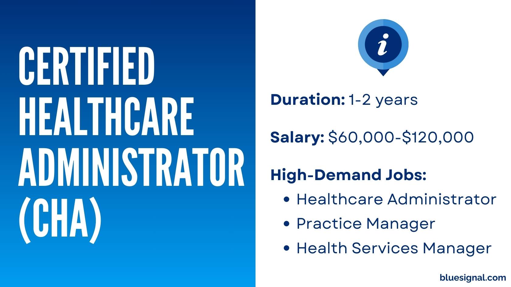 Certified Healthcare Administrator (CHA) certification overview, including duration, salary, and roles like Healthcare Administrator and Practice Manager."