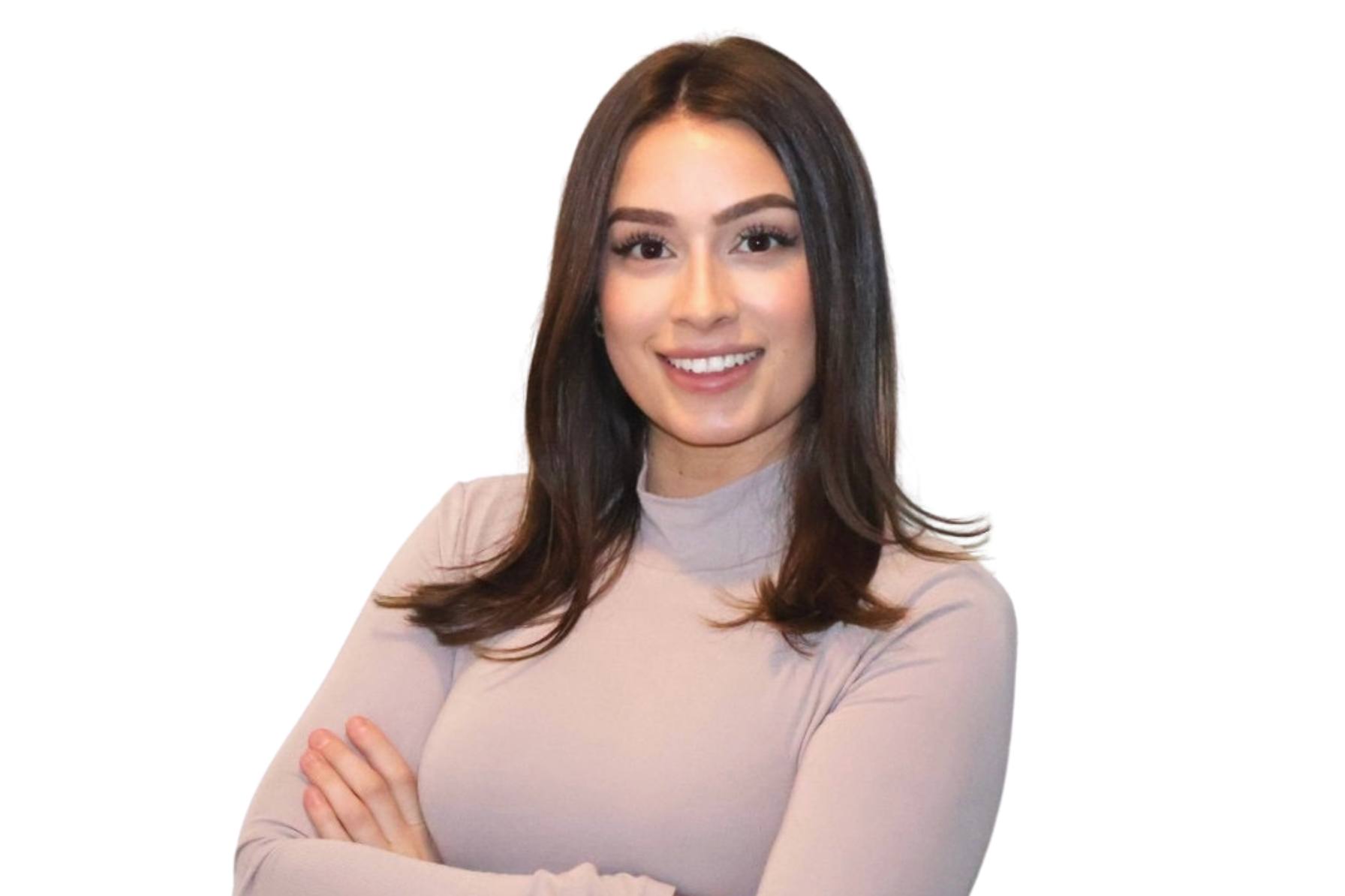 Professional headshot against a white backdrop of Executive Recruiter Audrey Hopkinson wearing a pink turtleneck long sleeve shirt.