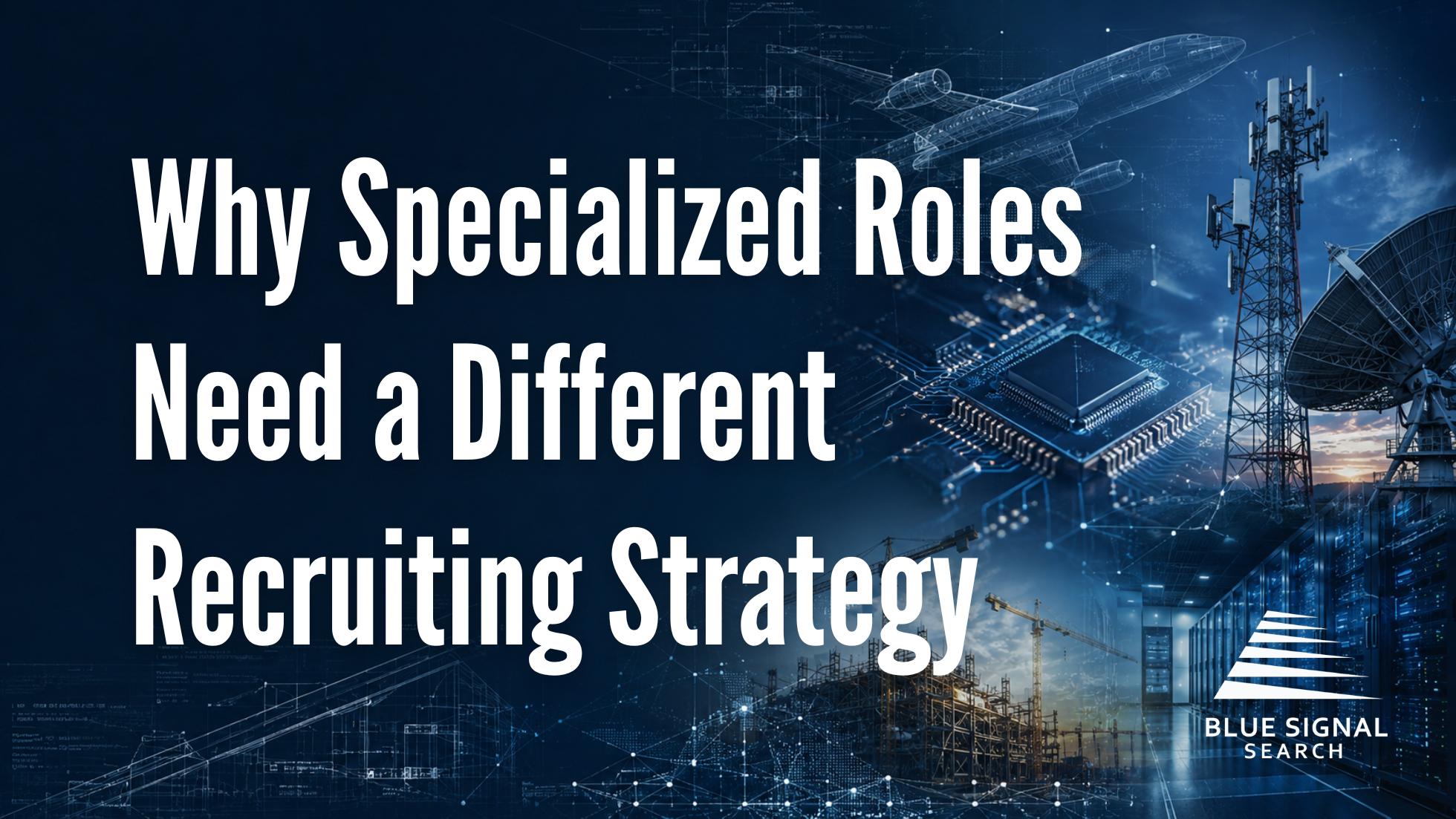 Editorial-style graphic representing a specialized recruiting strategy across AI, semiconductor, aerospace, telecommunications, data center, and construction industries.