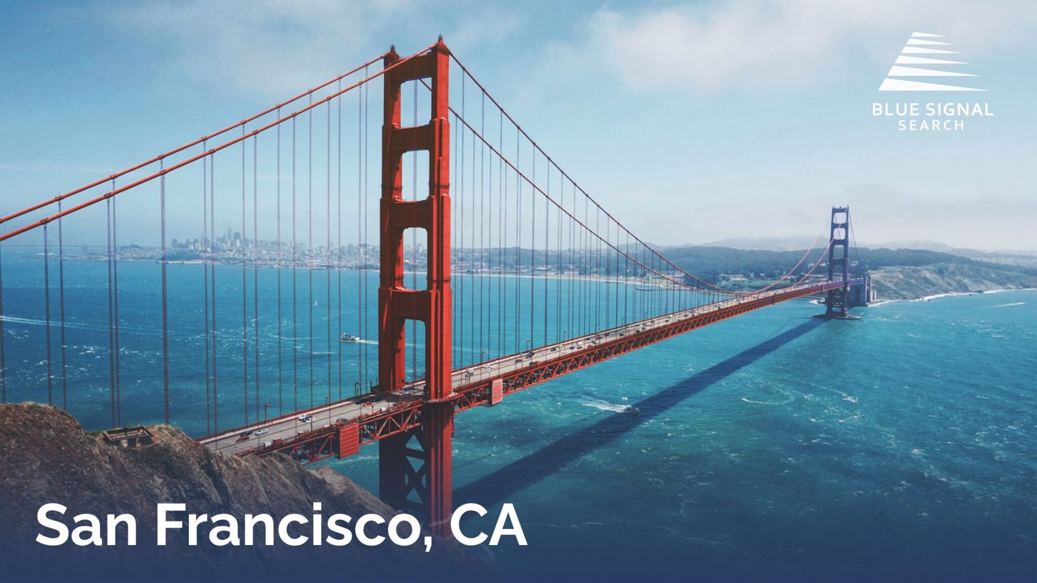 Golden Gate Bridge overlooking San Francisco Bay on a clear day.