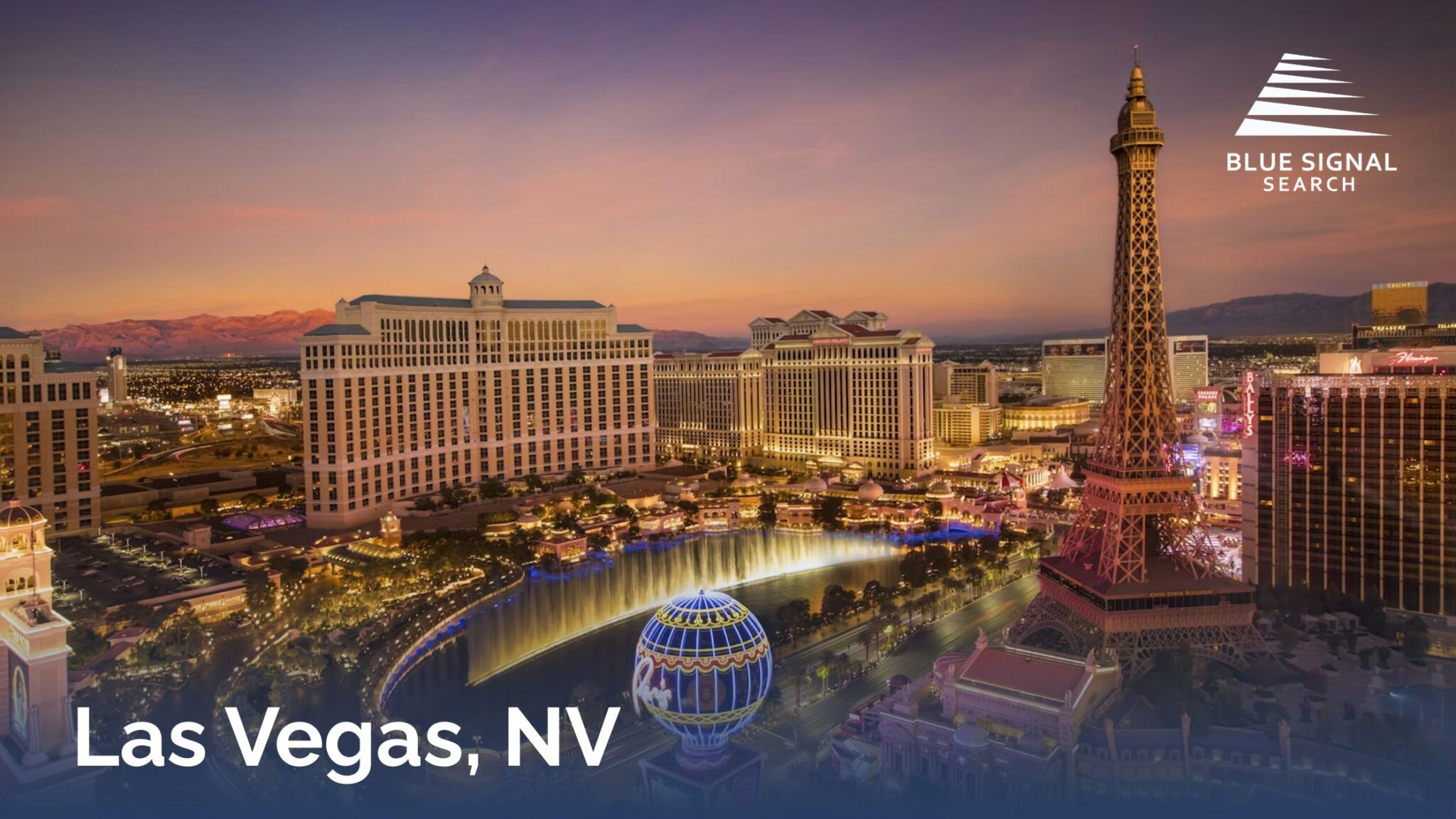 Las Vegas Strip at dusk featuring illuminated resorts and the Eiffel Tower replica.